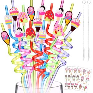 43 pieces ice cream straws and cleaning brushes ice cream drinking straws goodie gifts ice cream tattoos sticker reusable ice cream straws for kids birthday summer party favors