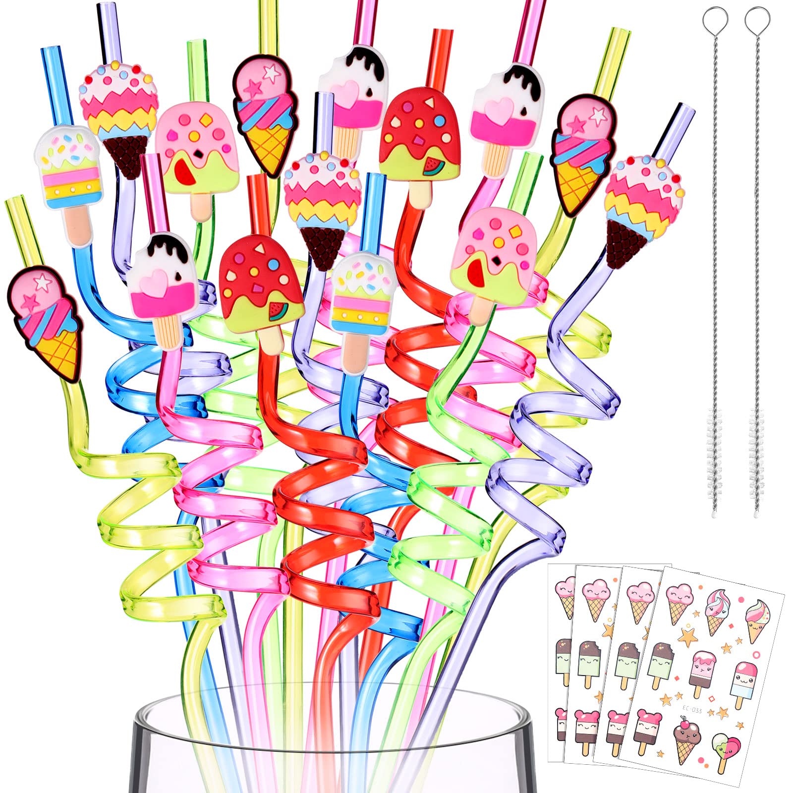 43 Pieces Ice Cream Straws and Cleaning Brushes Ice Cream Drinking Straws Goodie Gifts Ice Cream Tattoos Sticker Reusable Ice Cream Straws for Kids Birthday Summer Party Favors