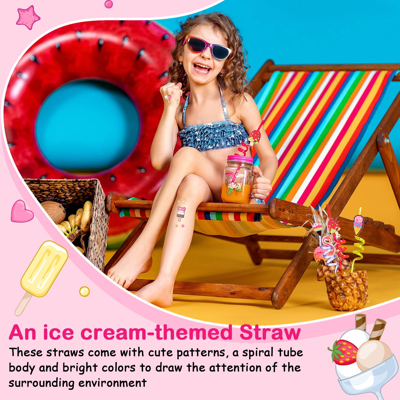 43 Pieces Ice Cream Straws and Cleaning Brushes Ice Cream Drinking Straws Goodie Gifts Ice Cream Tattoos Sticker Reusable Ice Cream Straws for Kids Birthday Summer Party Favors