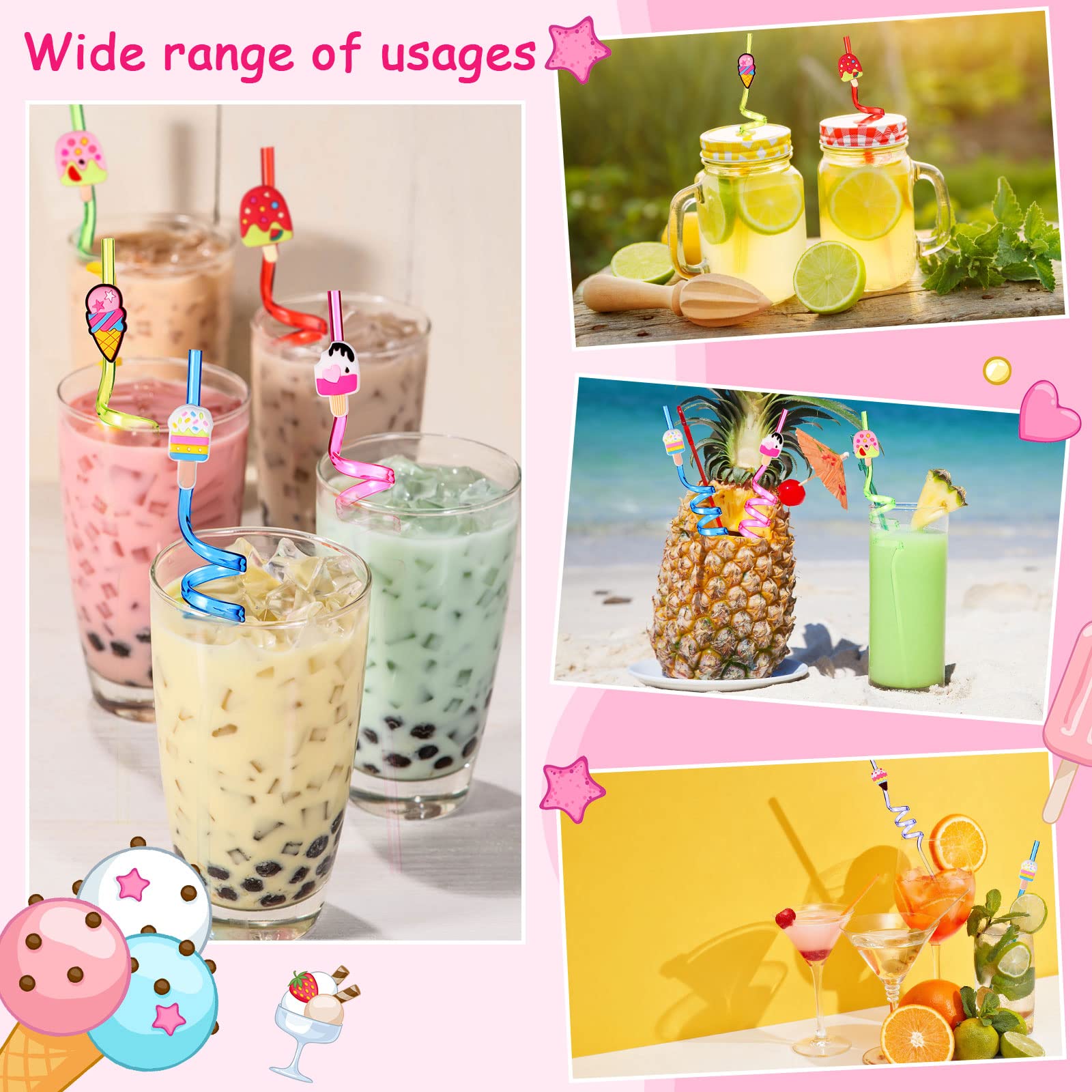 43 Pieces Ice Cream Straws and Cleaning Brushes Ice Cream Drinking Straws Goodie Gifts Ice Cream Tattoos Sticker Reusable Ice Cream Straws for Kids Birthday Summer Party Favors