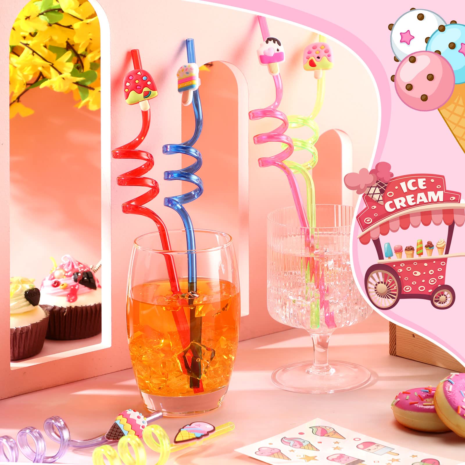 43 Pieces Ice Cream Straws and Cleaning Brushes Ice Cream Drinking Straws Goodie Gifts Ice Cream Tattoos Sticker Reusable Ice Cream Straws for Kids Birthday Summer Party Favors