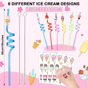 43 Pieces Ice Cream Straws and Cleaning Brushes Ice Cream Drinking Straws Goodie Gifts Ice Cream Tattoos Sticker Reusable Ice Cream Straws for Kids Birthday Summer Party Favors