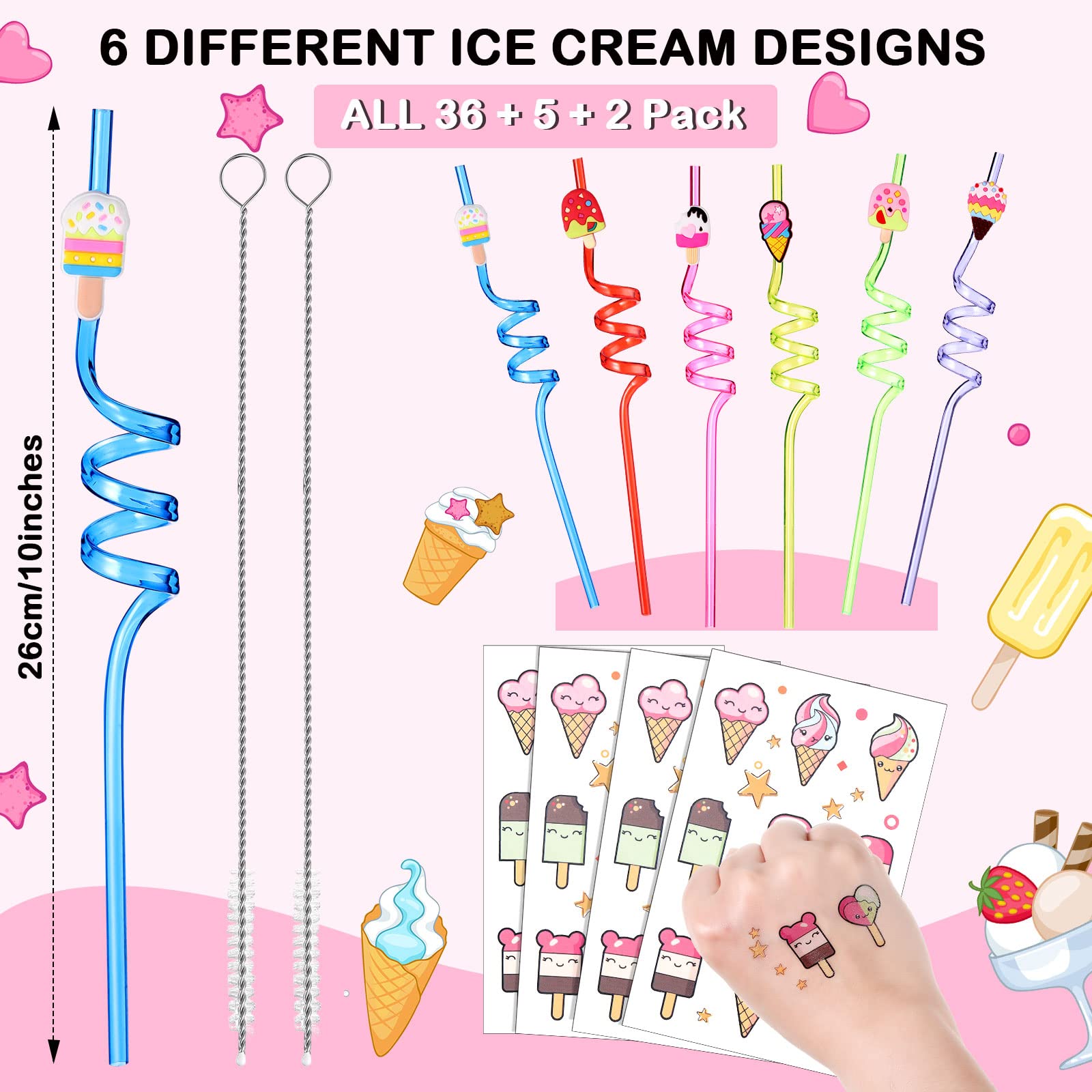 43 Pieces Ice Cream Straws and Cleaning Brushes Ice Cream Drinking Straws Goodie Gifts Ice Cream Tattoos Sticker Reusable Ice Cream Straws for Kids Birthday Summer Party Favors