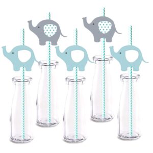 blue elephant party straw decor, 24-pack boy baby shower birthday party supply decorations, paper decorative straws