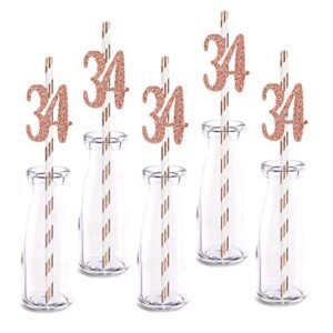 rose happy 34th birthday straw decor, rose gold glitter 24pcs cut-out number 34 party drinking decorative straws, supplies