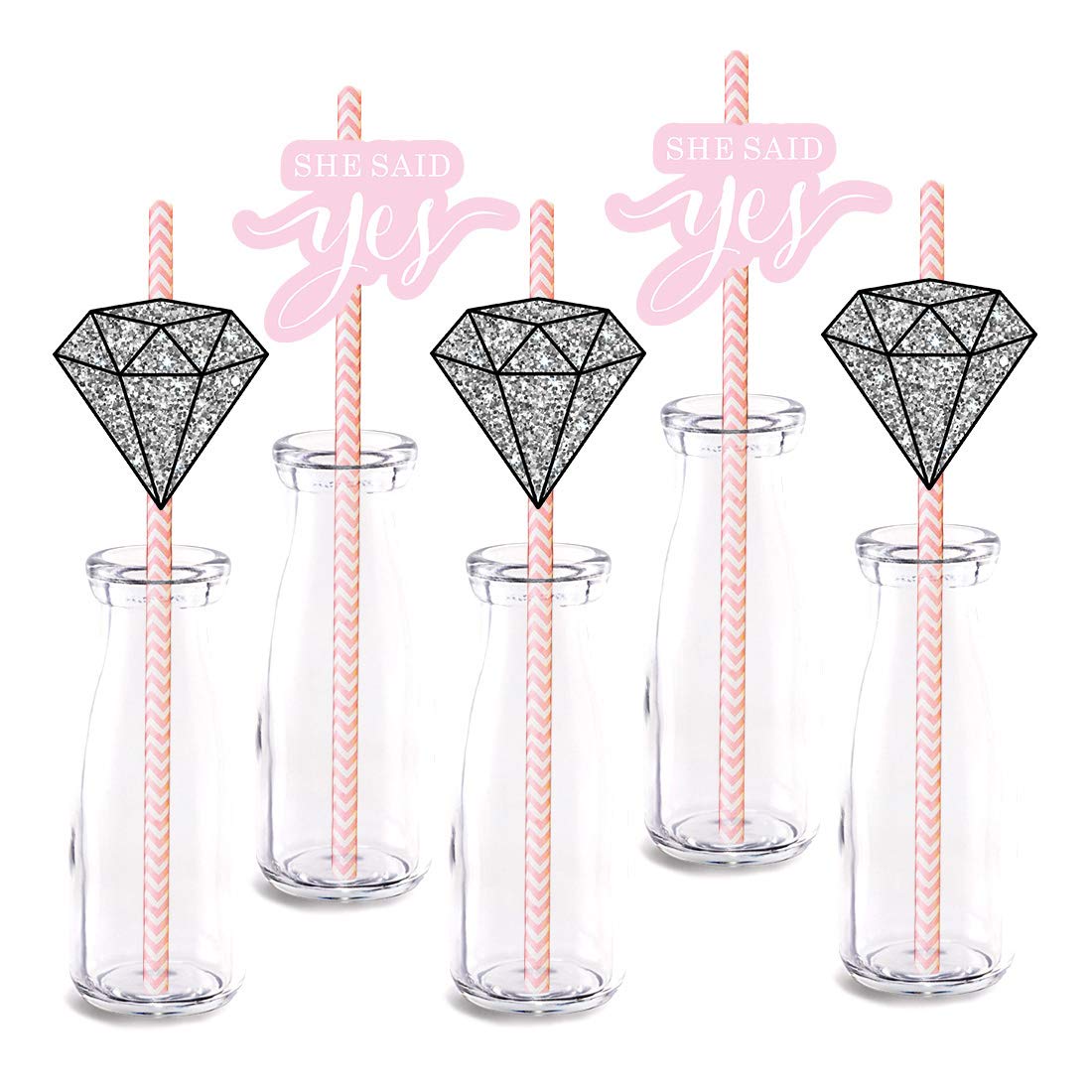 She Said Yes Straw Decor, 24-Pack Wedding Diamond Engagement Bridal Shower Party Supply Decorations, Paper Decorative Straws