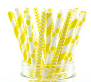 yellow wedding straws, wholesale paper straws, summer bbq party supplies, lemonade drinking straws (75 pack) - yellow striped, polka dot & chevron straws