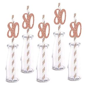 rose happy 80th birthday straw decor, rose gold glitter 24pcs cut-out number 80 party drinking decorative straws, supplies
