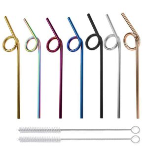 hoshen 7pcs reusable stainless steel curved straws, colorful food-grade metal straws, beverage straws, (with two cleaning brushes), suitable for 20/30 ounce tumblers