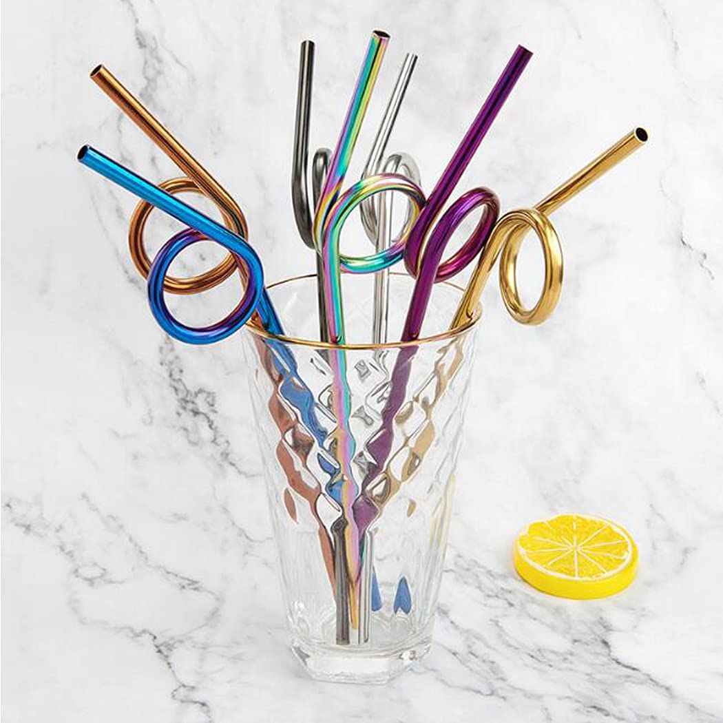 Hoshen 7Pcs Reusable Stainless Steel Curved Straws, Colorful Food-Grade Metal Straws, Beverage Straws, (With Two Cleaning Brushes), Suitable For 20/30 Ounce Tumblers