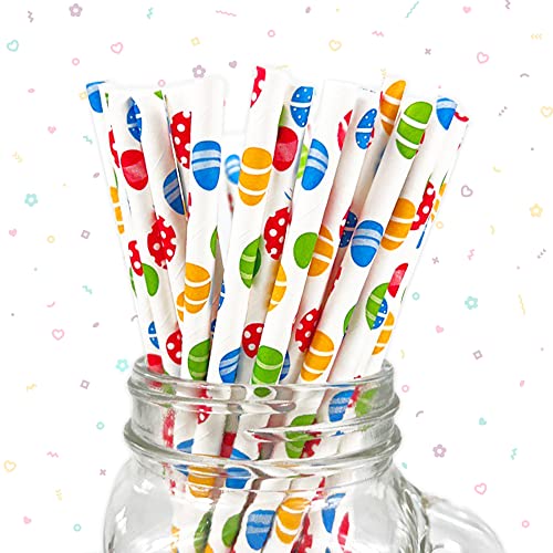 Hying 100PCS Easter Party Straws for Drinks Party Cold Drinks, Easter Egg Disposable Paper Drinking Straws for Juices Coffee Easter Party Supplies Decorations