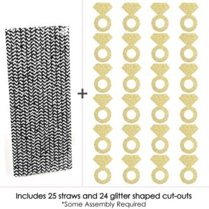 Gold Glitter Diamond Ring Party Straws - No-Mess Real Gold Glitter Cut-Outs and Decorative Bridal Shower or Bachelorette Party Paper Straws - Set of 24