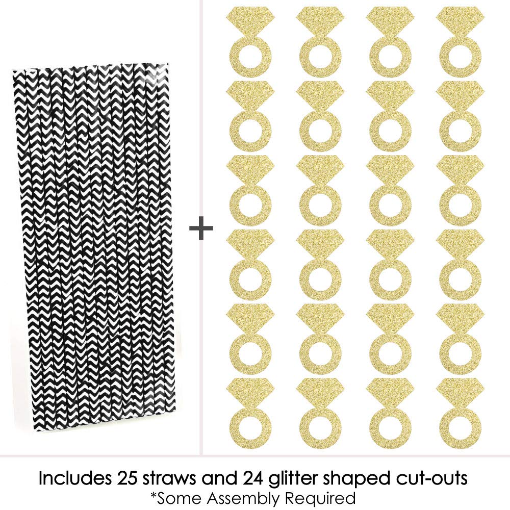 Gold Glitter Diamond Ring Party Straws - No-Mess Real Gold Glitter Cut-Outs and Decorative Bridal Shower or Bachelorette Party Paper Straws - Set of 24