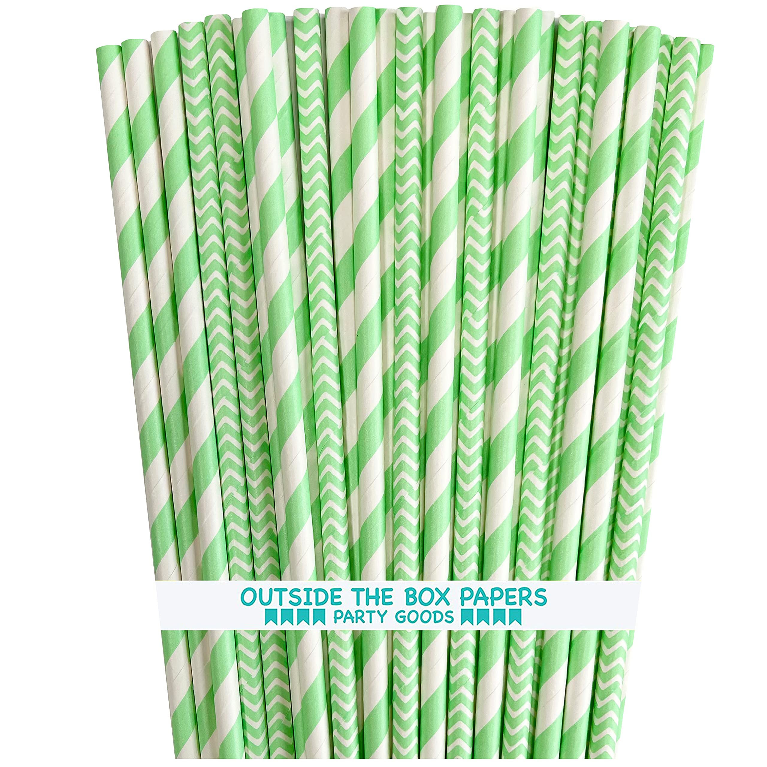 Paper Drinking Straws - Mint Green White - Stripe Chevron - 7.75 Inches - 100 Pack - Outside the Box Papers Brand