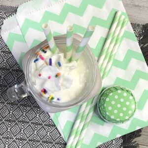 Paper Drinking Straws - Mint Green White - Stripe Chevron - 7.75 Inches - 100 Pack - Outside the Box Papers Brand