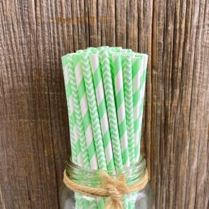 Paper Drinking Straws - Mint Green White - Stripe Chevron - 7.75 Inches - 100 Pack - Outside the Box Papers Brand