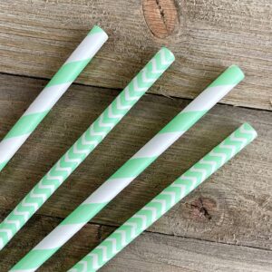 Paper Drinking Straws - Mint Green White - Stripe Chevron - 7.75 Inches - 100 Pack - Outside the Box Papers Brand