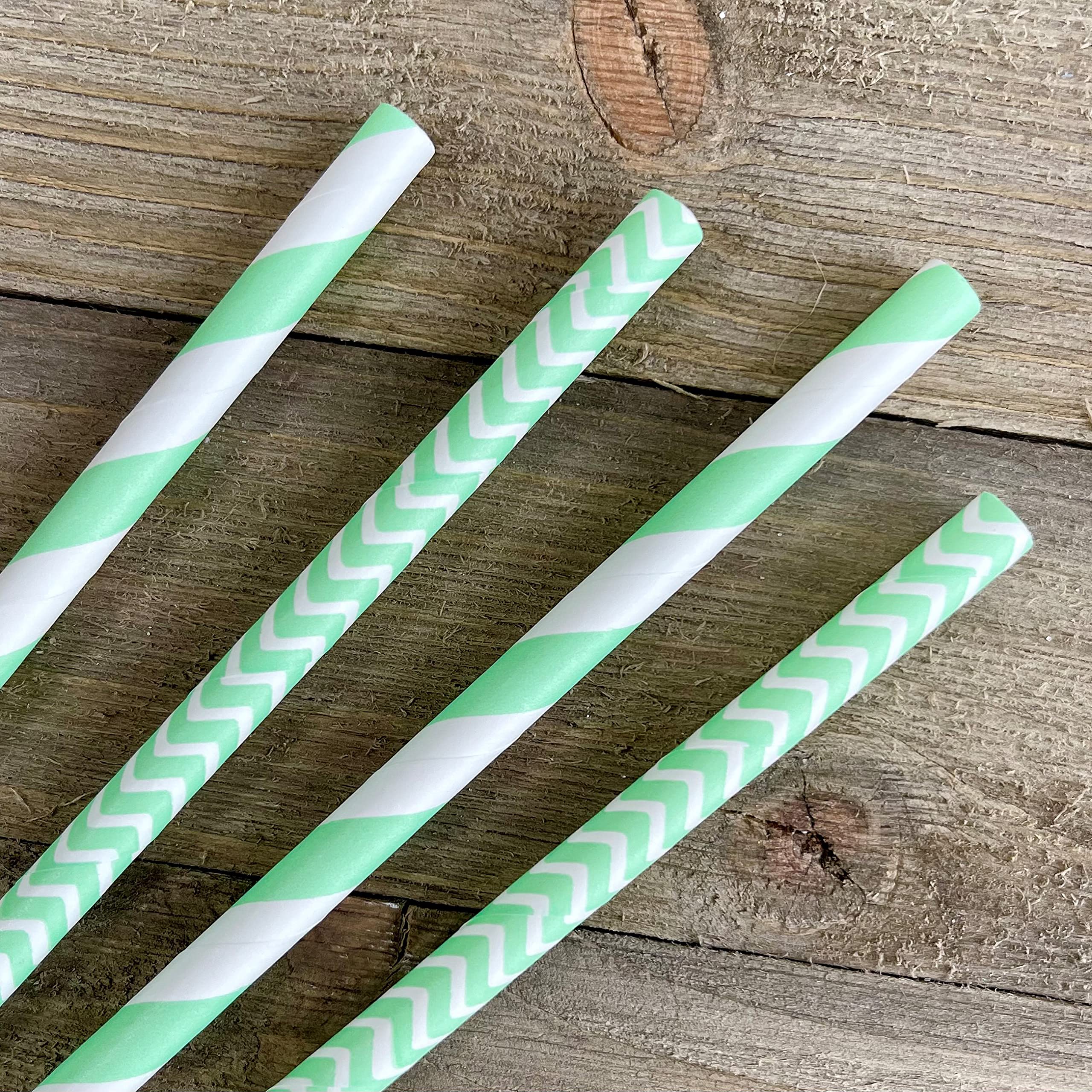 Paper Drinking Straws - Mint Green White - Stripe Chevron - 7.75 Inches - 100 Pack - Outside the Box Papers Brand