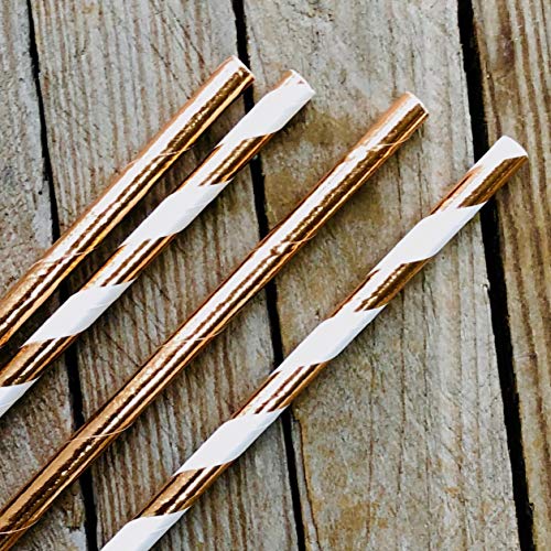 Rose Gold Solid and Stripe Foil Paper Straws - 7.75 Inches - 100 Pack - Outside the Box Papers Brand