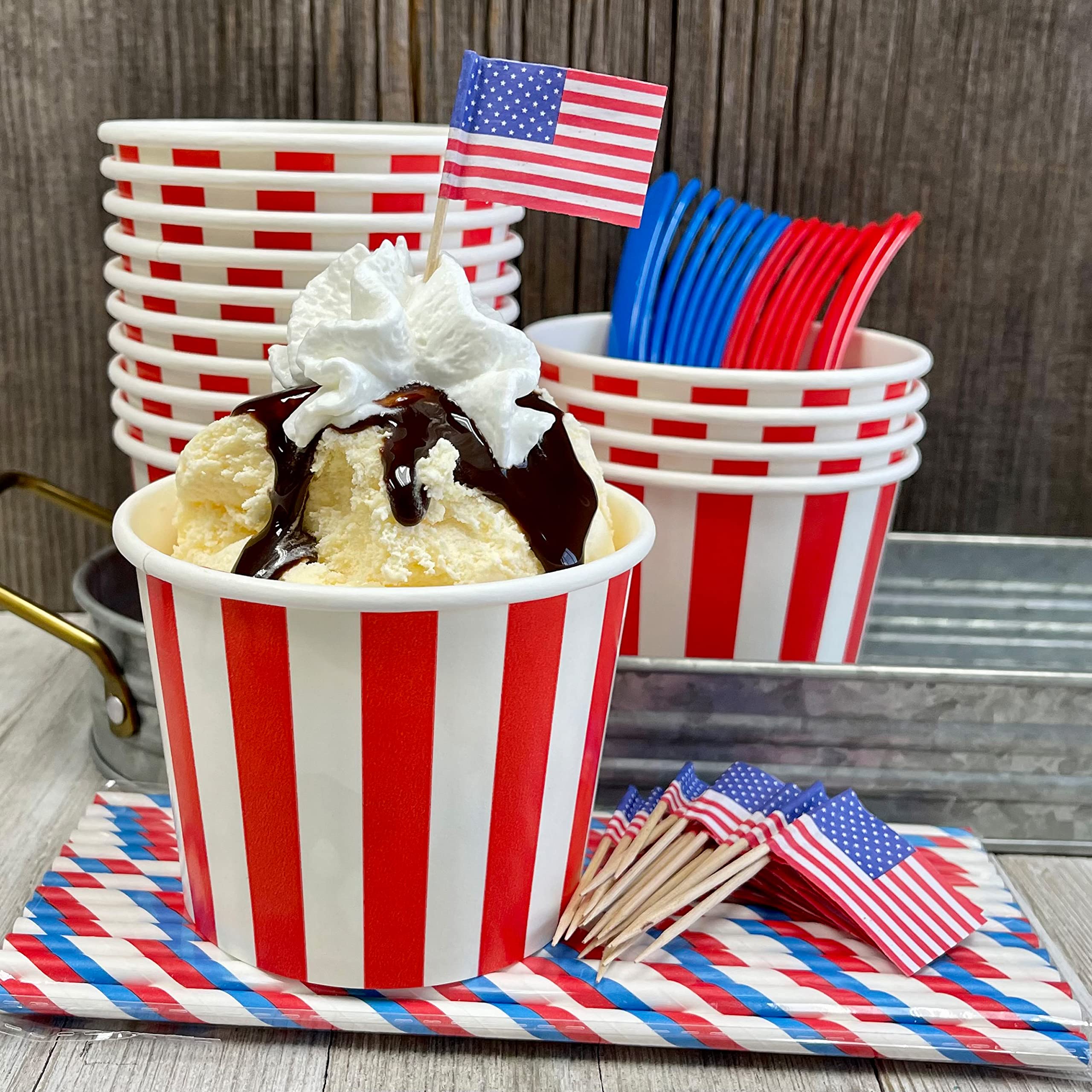Outside the Box Papers Patriotic Ice Cream Sundae Kit - July Red and White Stripe Paper Treat Cups - Plastic Spoons - American Flag Picks - Paper Straws - 16 Each