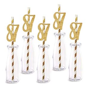 87th birthday paper straw decor, 24-pack real gold glitter cut-out numbers happy 87 years party decorative straws