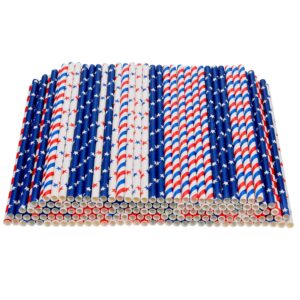 200 Pieces American Flag Paper Straws Patriotic Paper Straws Red Blue Paper Drinking Straws for Independence Day Memorial Day July 4th Celebration Supplies