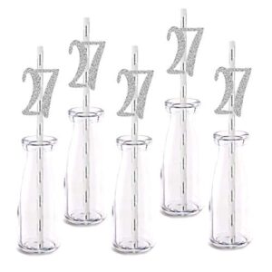 silver happy 27th birthday straw decor, silver glitter 24pcs cut-out number 27 party drinking decorative straws, supplies