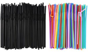 alink 300 pcs flexible plastic drinking straws, black + colored disposable bendy party fancy straws