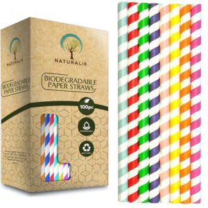 naturalik 100-pack extra durable paper straws biodegradable (multicolor, 100pc)