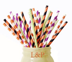 charmed halloween orange, black purple and green paper straw pack of 100