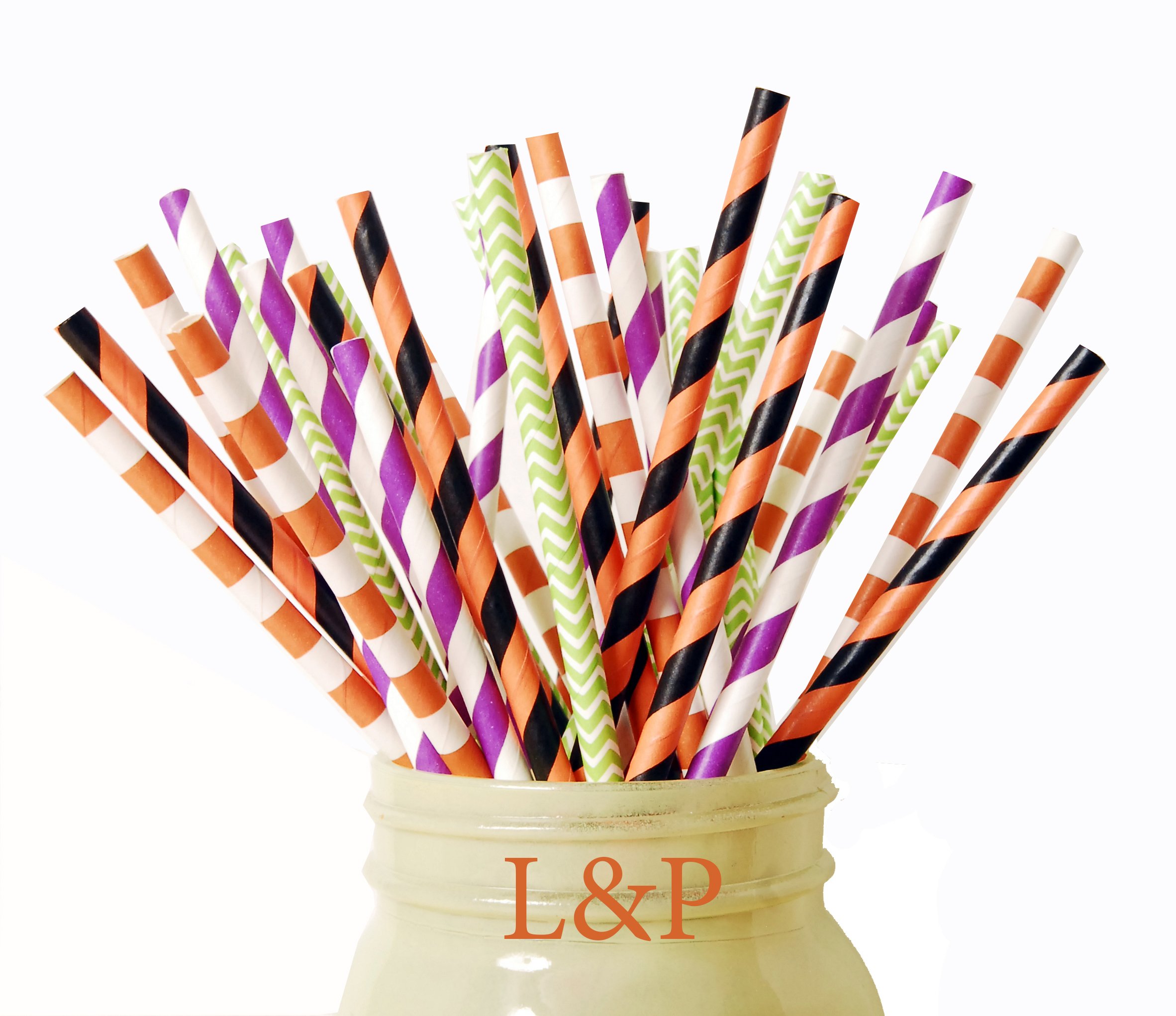 Charmed Halloween orange, black purple and green paper straw pack of 100