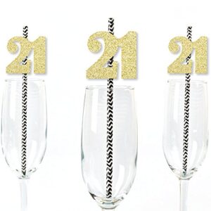 Gold Glitter 21 Party Straws - No-Mess Real Gold Glitter Cut-Out Numbers & Decorative 21st Birthday Party Paper Straws - Set of 24