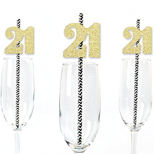 Gold Glitter 21 Party Straws - No-Mess Real Gold Glitter Cut-Out Numbers & Decorative 21st Birthday Party Paper Straws - Set of 24