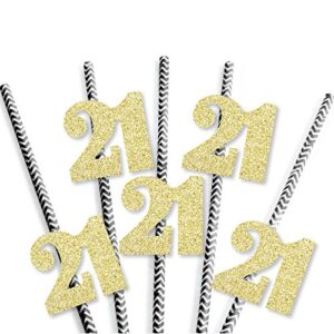 Gold Glitter 21 Party Straws - No-Mess Real Gold Glitter Cut-Out Numbers & Decorative 21st Birthday Party Paper Straws - Set of 24