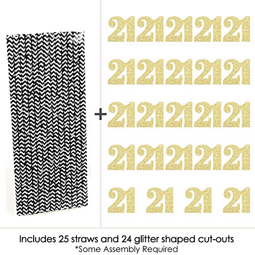 Gold Glitter 21 Party Straws - No-Mess Real Gold Glitter Cut-Out Numbers & Decorative 21st Birthday Party Paper Straws - Set of 24