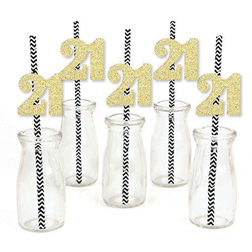 Gold Glitter 21 Party Straws - No-Mess Real Gold Glitter Cut-Out Numbers & Decorative 21st Birthday Party Paper Straws - Set of 24