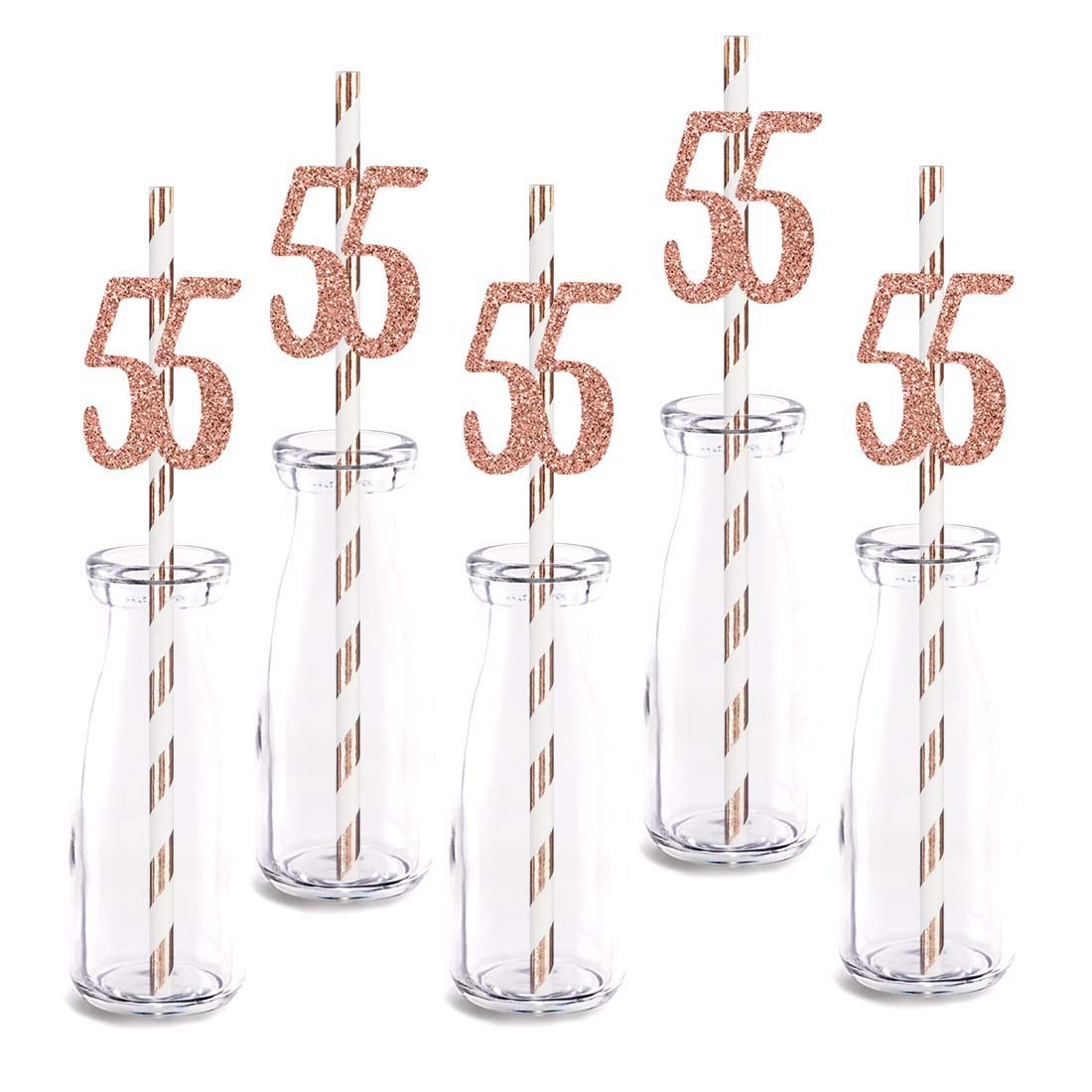 Rose Happy 55th Birthday Straw Decor, Rose Gold Glitter 24pcs Cut-Out Number 55 Party Drinking Decorative Straws, Supplies