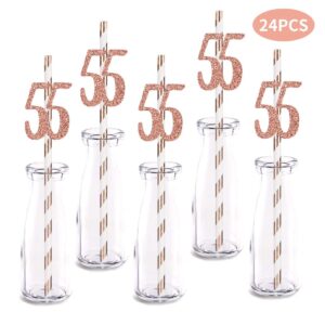 Rose Happy 55th Birthday Straw Decor, Rose Gold Glitter 24pcs Cut-Out Number 55 Party Drinking Decorative Straws, Supplies