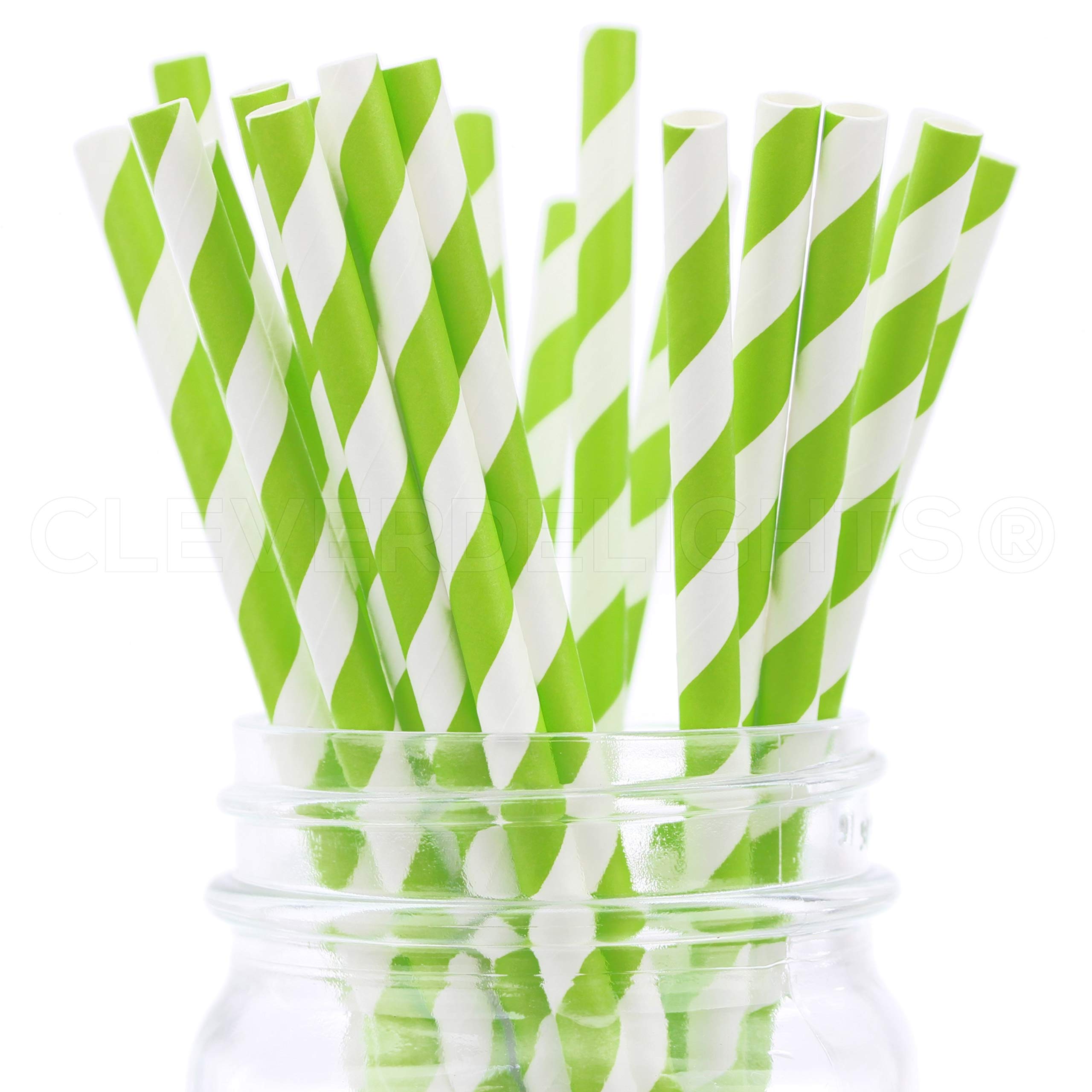 CleverDelights Biodegradable Paper Straws - Neon Green Stripe - Box of 100