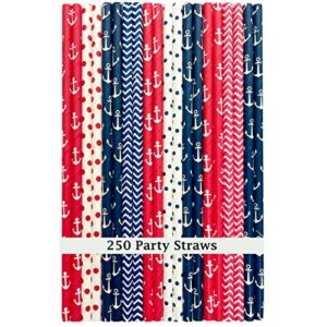 bulk anchor nautical theme paper straws - navy blue red and white party supplies - 250 pack outside the box papers brand