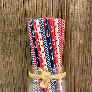 Bulk Anchor Nautical Theme Paper Straws - Navy Blue Red and White Party Supplies - 250 Pack Outside the Box Papers Brand