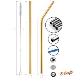 E-Craftr 12-Pack Stainless Steel Straw Set | Resuable Drinking Straws | Eco Friendly Set | 4 Cleaning Brush Included | Extra Durable (Gold)