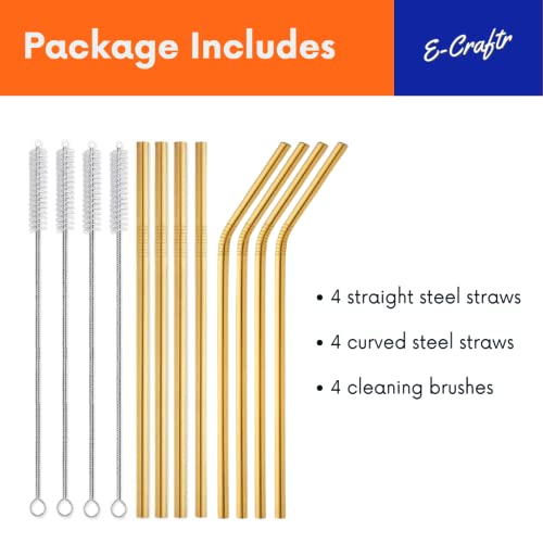 E-Craftr 12-Pack Stainless Steel Straw Set | Resuable Drinking Straws | Eco Friendly Set | 4 Cleaning Brush Included | Extra Durable (Gold)