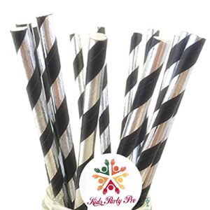 100 pcs black silver foil striped paper straws, shiny metallic foil stripe party drinking paper straws bulk, birthday graduation wedding holiday new year cake pop sticks