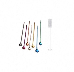 7pcs metal spoon straws drinking spoons with 2 cleaning brushes 8.5”reusable bar spoon straw for iced coffee frozen drink milkshake smoothies sundaes cocktail mixing stirring and drinking