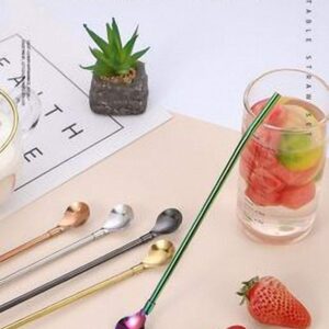 7PCS Metal Spoon Straws Drinking Spoons with 2 Cleaning Brushes 8.5”Reusable Bar Spoon Straw for Iced Coffee Frozen Drink Milkshake Smoothies Sundaes Cocktail Mixing Stirring and Drinking