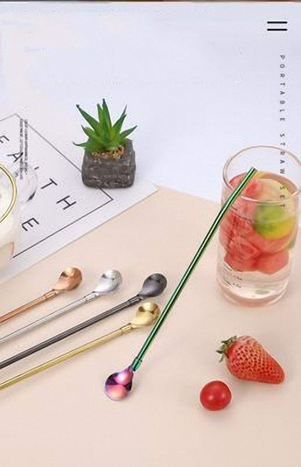 7PCS Metal Spoon Straws Drinking Spoons with 2 Cleaning Brushes 8.5”Reusable Bar Spoon Straw for Iced Coffee Frozen Drink Milkshake Smoothies Sundaes Cocktail Mixing Stirring and Drinking