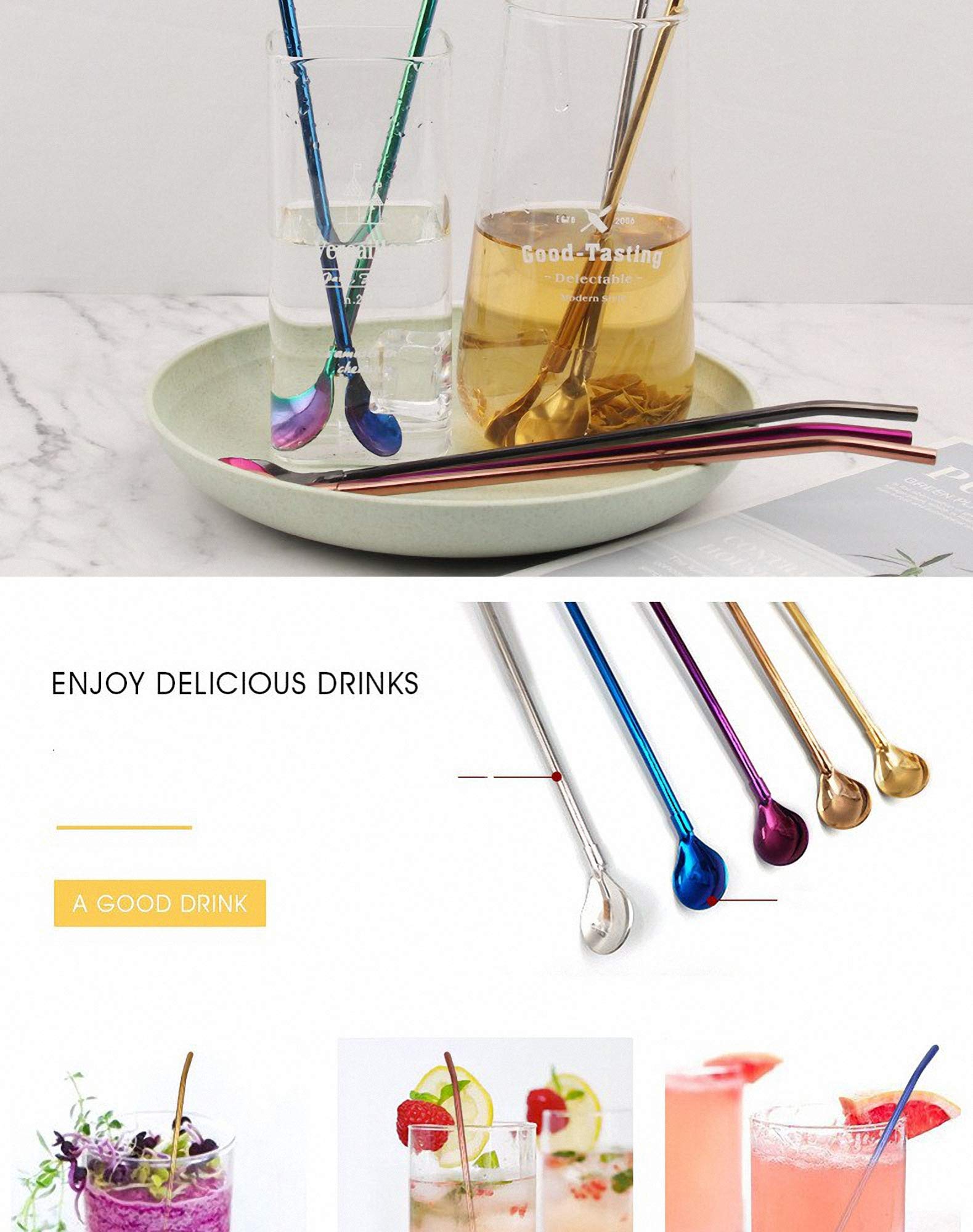 7PCS Metal Spoon Straws Drinking Spoons with 2 Cleaning Brushes 8.5”Reusable Bar Spoon Straw for Iced Coffee Frozen Drink Milkshake Smoothies Sundaes Cocktail Mixing Stirring and Drinking