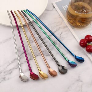 7PCS Metal Spoon Straws Drinking Spoons with 2 Cleaning Brushes 8.5”Reusable Bar Spoon Straw for Iced Coffee Frozen Drink Milkshake Smoothies Sundaes Cocktail Mixing Stirring and Drinking