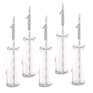 silver happy 1st birthday straw decor, silver glitter 24pcs cut-out number 1 party drinking decorative straws, supplies